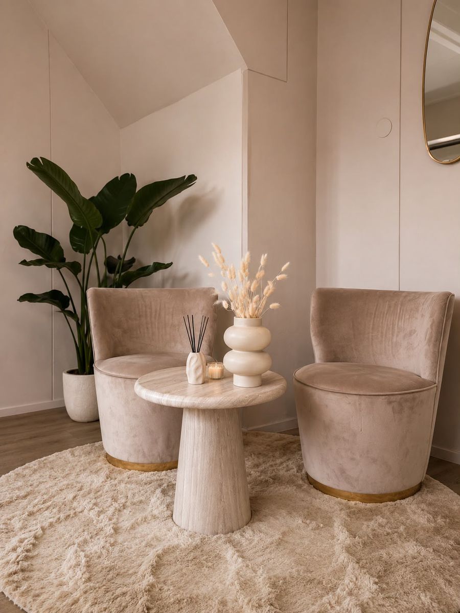 Wachthoek met twee fluwelen fauteuils, een travertin bijzettafel en een plant